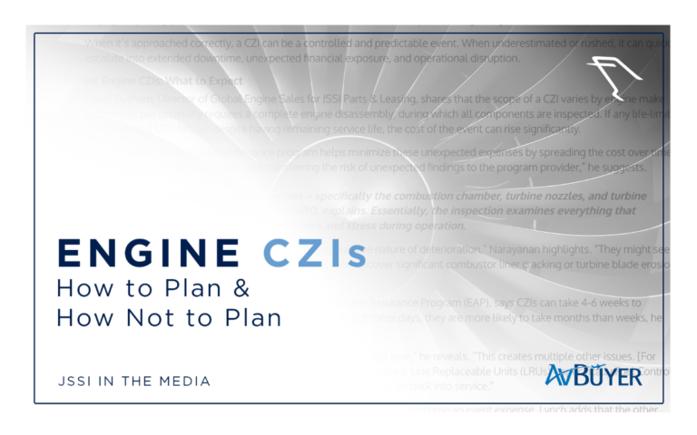 Graphic titled ‘Engine CZIs: How to Plan & How Not to Plan,’ featuring a gray aviation-themed background with technical line illustrations and logos for JSSI and AvBuyer.