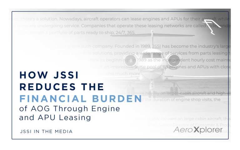 Graphic titled “How JSSI Reduces the Financial Burden of AOG Through Engine and APU Leasing,” overlaid on a grayscale image of a business jet.