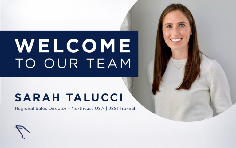 Welcome graphic featuring a photo of Sarah Talucci smiling, with text reading ‘Welcome to Our Team’ and her title, Regional Sales Director – Northeast USA, JSSI Traxxall.